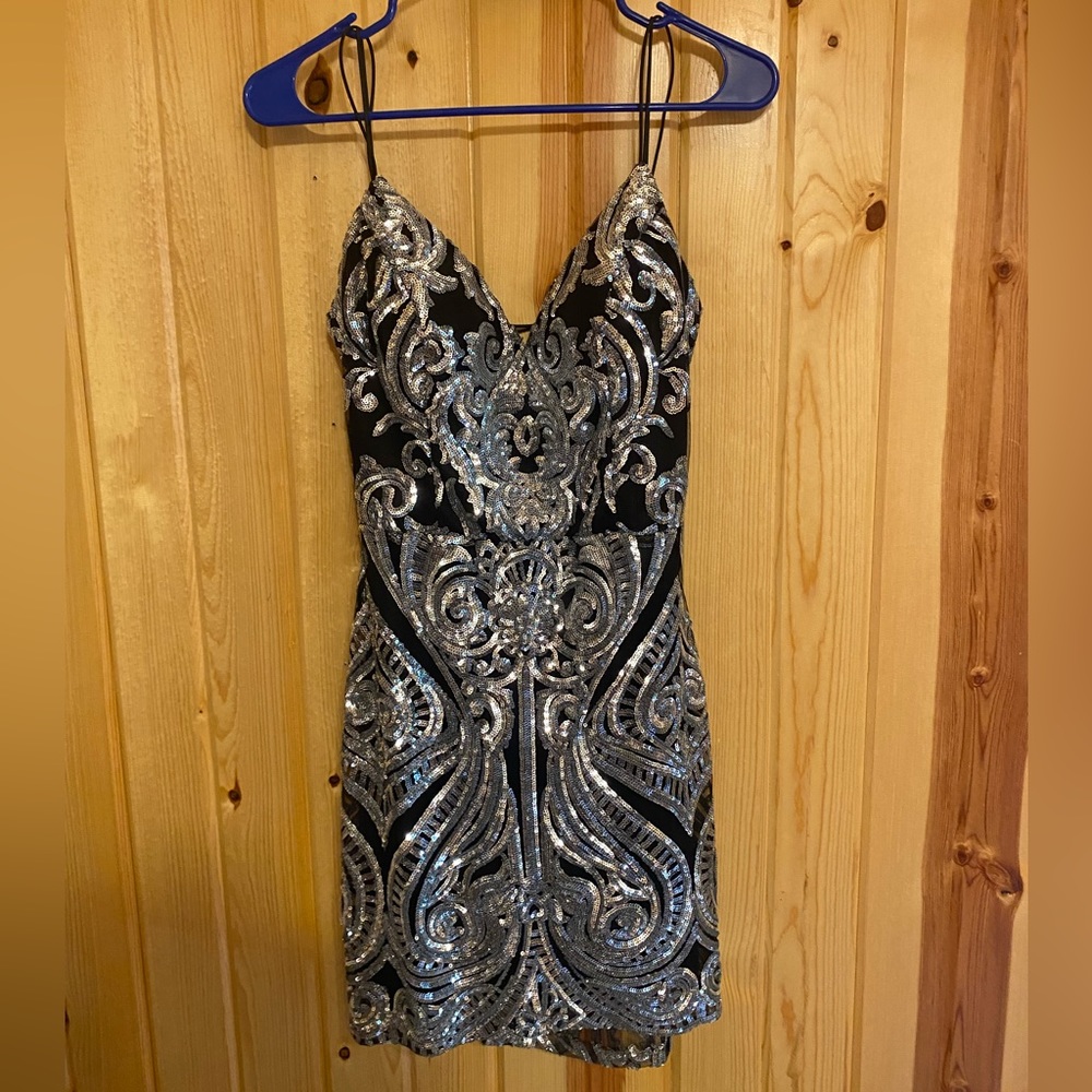 Bsmart black and silver sparkly homecoming dress